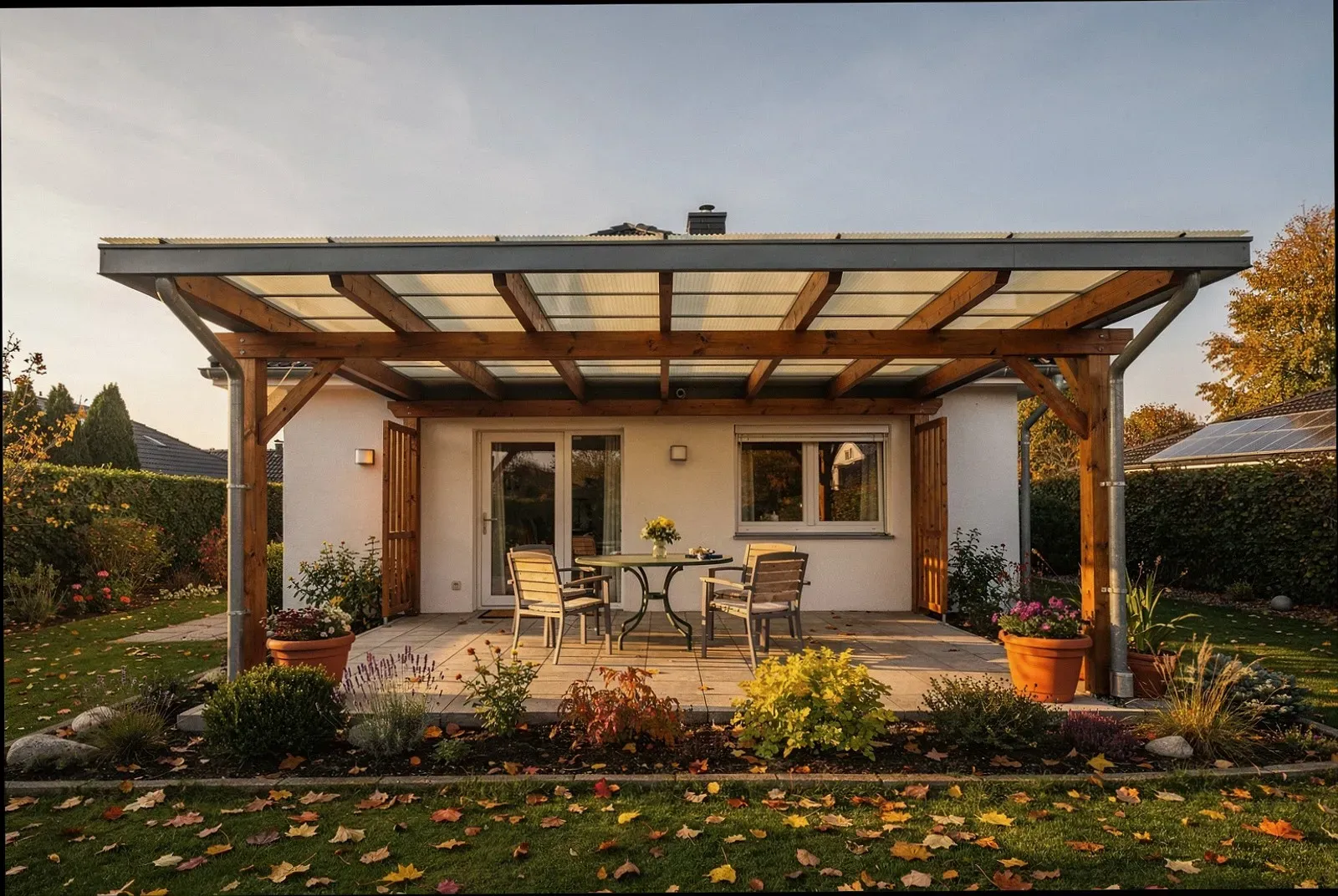 Alu-Terrassenüberdachung mit Glasdach an einem Reihenhaus in Mannheim