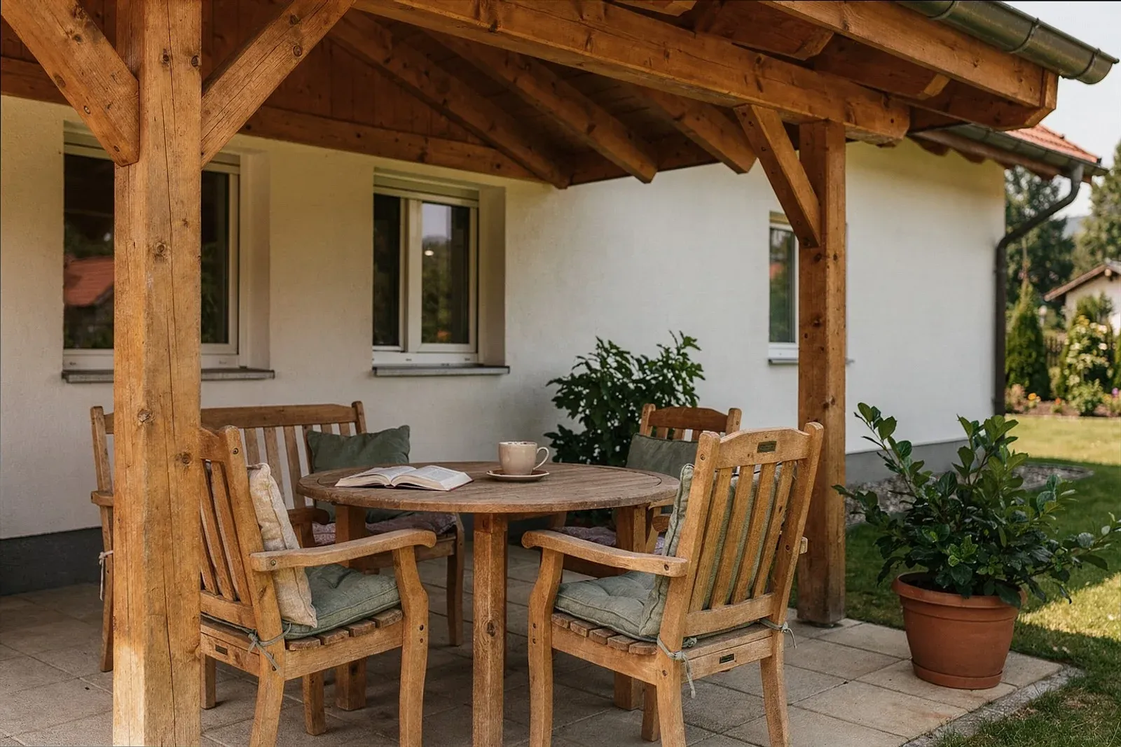 Terrassenüberdachung aus Leimholz mit Sitzgruppe in Mannheim