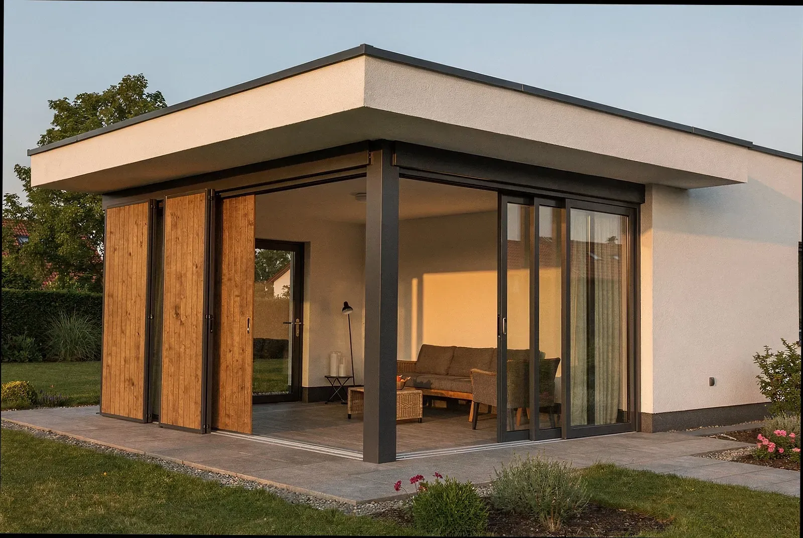Glasschiebewand an der Seite einer Terrassenüberdachung in Mannheim